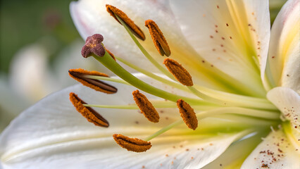 Detailed view of a white lily flower, featuring slender green stamens, brown pollen sacs, and a contrasting purple anther in soft greenery Generative AI