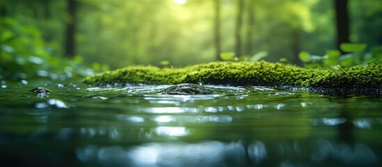 Fototapeta premium Lush green water on a forest floor reflecting rain-soaked moss and vibrant nature in a serene woodland setting.