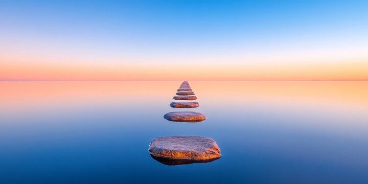 Serene Progression Smooth Ocean Stones in Misty Horizon for Business Journey Visuals - Nature-Inspired, Minimalist Aesthetic for Corporate Growth Imagery