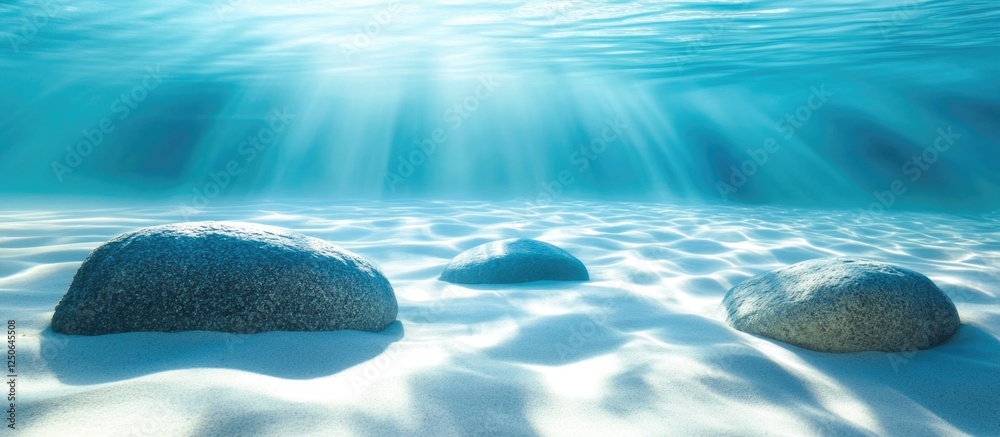 Poster tranquil underwater scene featuring smooth rocks beneath clear turquoise water illuminated by soft s