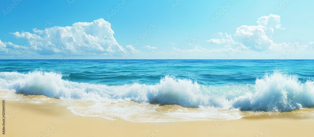 Poster tranquil sandy beach with gentle waves and clear blue skies creating a serene coastal atmosphere for