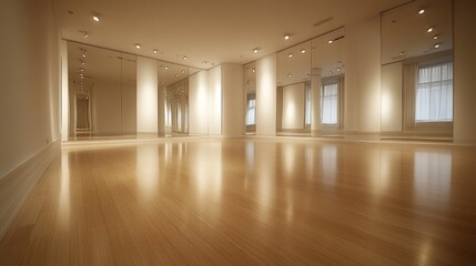 Bright and spacious dance studio with hardwood floors and mirrored walls