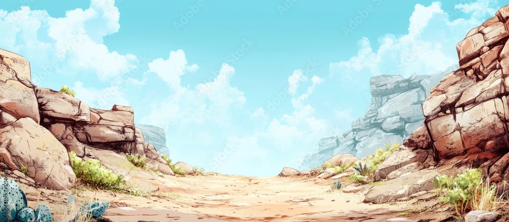 Aufkleber Rocky landscape with clear blue sky ideal for background design and customizable text placement in an open area