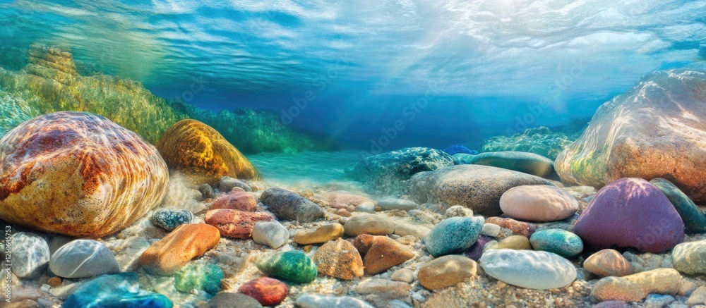 Poster underwater scene featuring colorful pebbles and rocks on a tranquil rocky beach with clear blue wate