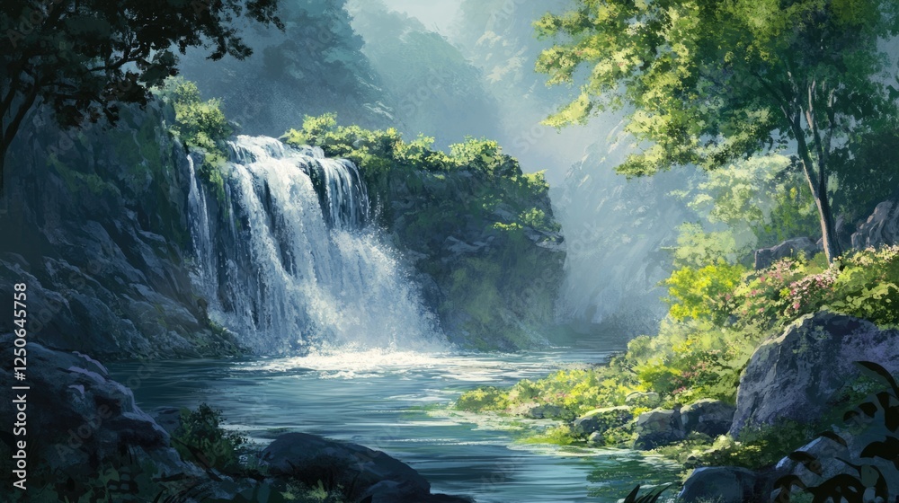 Poster serene wilderness landscape featuring a cascading waterfall amidst lush greenery and tranquil river 