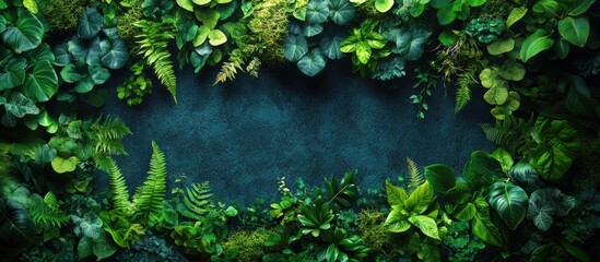 Naklejka premium Vibrant green wall texture featuring lush foliage and ferns ideal for nature-themed backgrounds or design elements.