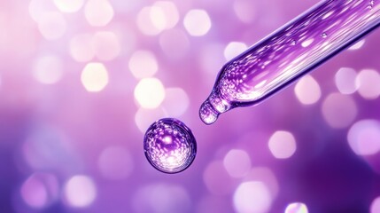 Hemp CBD oil with a soft purple glow effect, ultra-HD macro shot, tiny vapor particles floating in the air, elegant glass dropper with soft reflections
