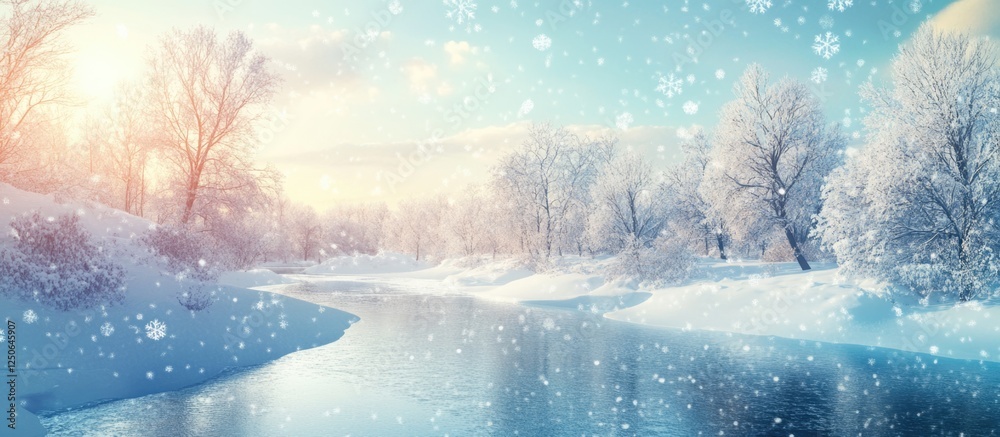 Poster winter river landscape with snow-covered trees and gentle sunlight creating a serene and peaceful at
