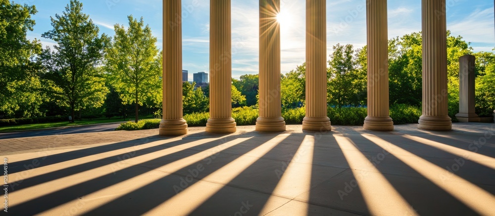 Poster columns casting long shadows in a sunlit summer park with lush greenery and a serene atmosphere.
