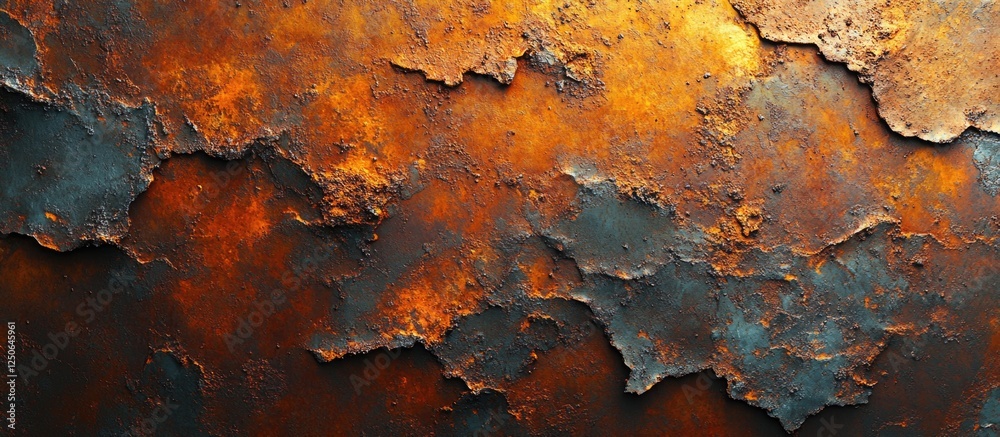Poster rusty metal texture background with weathered layers of orange and dark blue tones ideal for industr