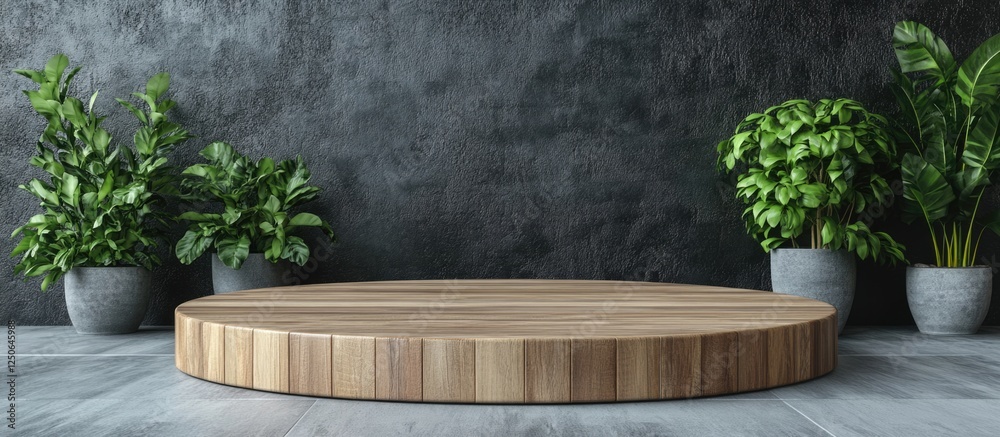 Poster modern round wooden podium on cement floor surrounded by potted plants with a textured wall backgrou