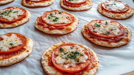 Delicious assorted mini pizzas topped with a variety of fresh ingredients for every taste.