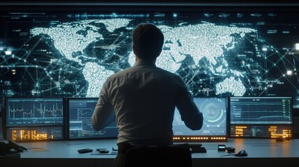 Holographic control room managing global oil logistics, futuristic energy dashboard, high-tech monitoring system