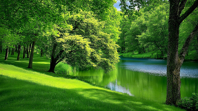 A beautiful forest with clear blue water in the middle, surrounded by trees and grass on both sides. A serene natural landscape, filled with the vibrant colors of green. 