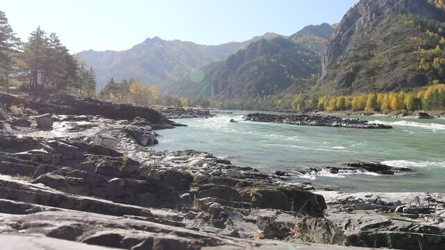 Autumn landscape in Chemal, Altai mountains and Katun river. 