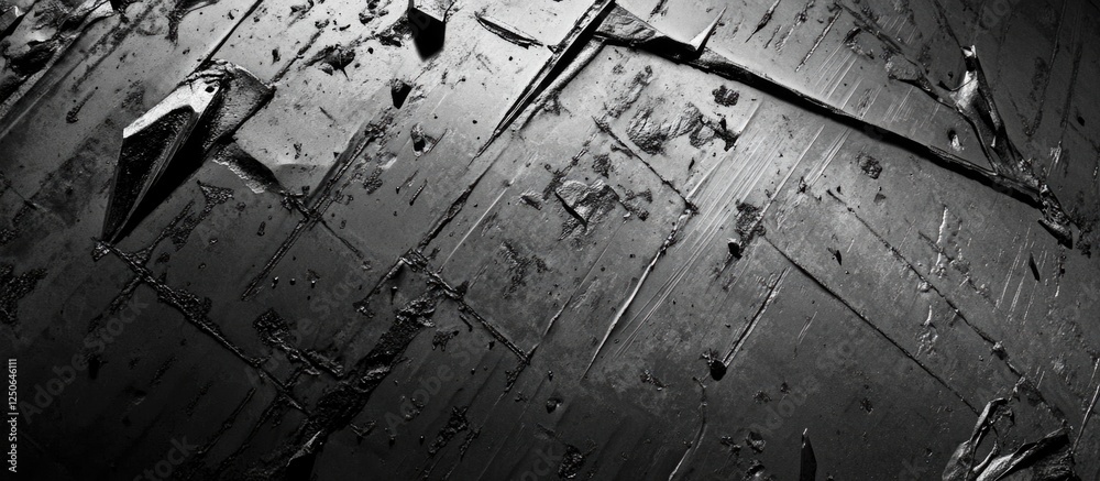 Poster Scratched and textured black metal surface showcasing intricate patterns and imperfections in a high-contrast monochrome setting