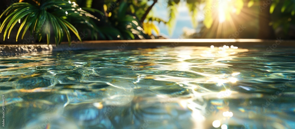 Poster sunlit ripple water surface with reflections in a tranquil swimming pool surrounded by lush greenery