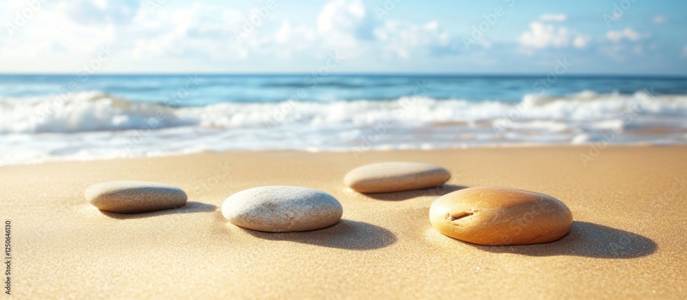 Poster smooth sea stones resting on a sandy beach against a tranquil ocean backdrop with gentle waves and a
