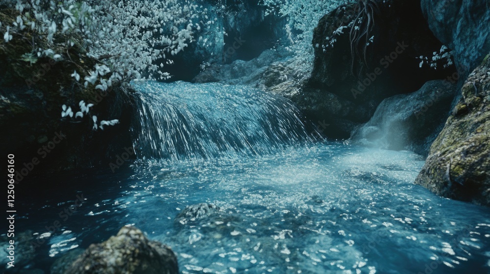Poster enchanted tranquil spring with lush foliage and sparkling waterfalls in a dreamlike setting