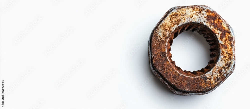 Poster rusty galvanized nut on white background showcasing industrial grunge decor with ample empty space f