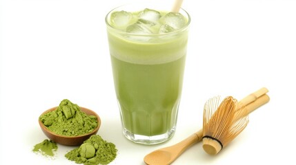 Iced matcha latte recipe, beautifully layered matcha, oat milk, and ice in a tall glass, served with a wooden spoon, fresh matcha powder, and a bamboo whisk beside it