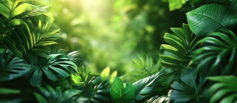 Lush green tropical foliage background with soft light ideal for advertising or promotional banners with ample copy space.