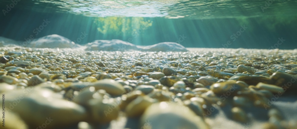 Aufkleber Underwater view of a sandy river bottom with small stones illuminated by soft sunlight creating a serene and tranquil atmosphere