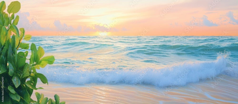Poster serene ocean sunset with gentle waves and lush green foliage in the foreground creating a tranquil r