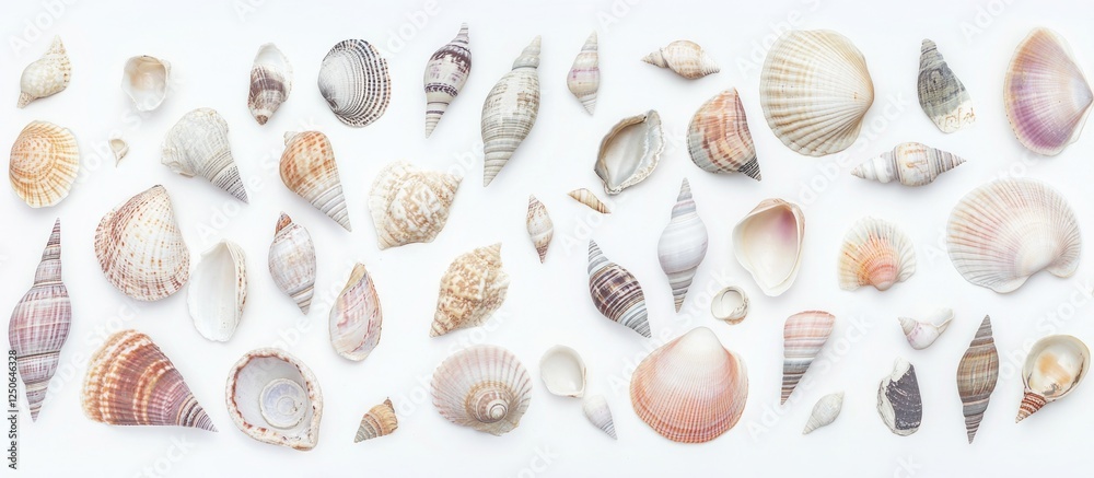 Poster Sea shell assortment on white background featuring various oceanic shapes and colors in a flat lay top view arrangement
