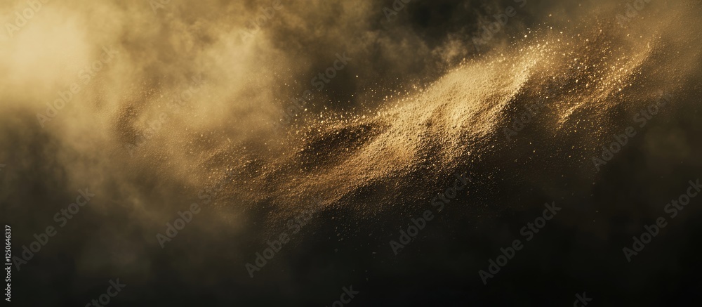 Poster Abstract sand explosion on a dark background creating a dynamic cloud effect with motion blur and striking visual texture.