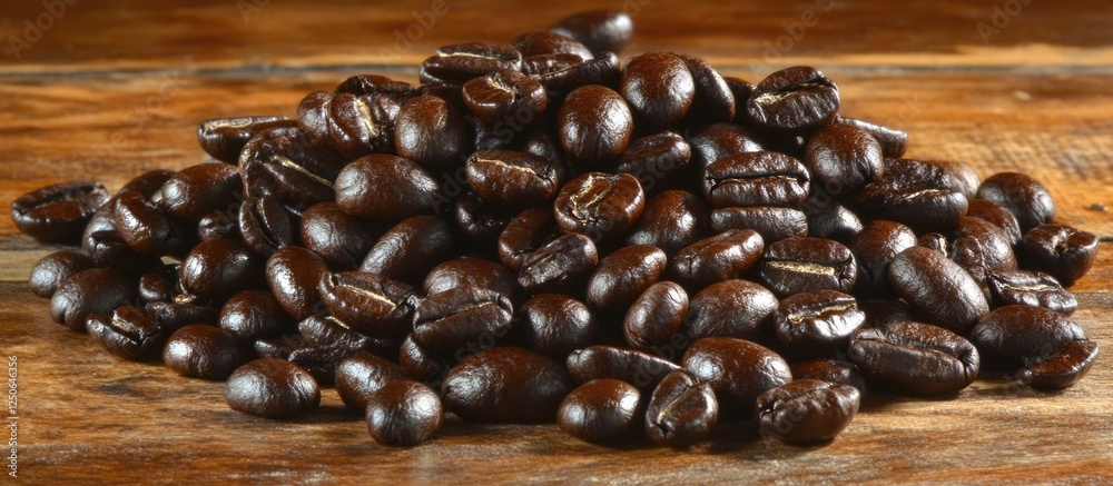 Poster richly roasted coffee beans displayed on a rustic wooden surface for an inviting and aromatic coffee