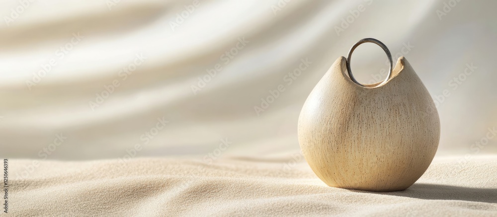 Poster beige ceramic vase with metal ring on sandy surface minimalist decor with empty space for text and b