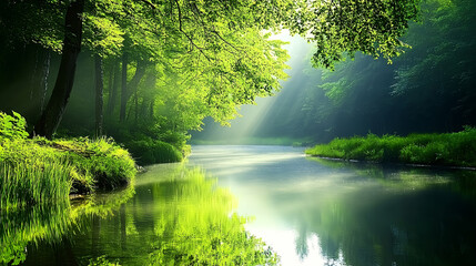 Obraz premium A beautiful forest with clear blue water in the middle, surrounded by trees and grass on both sides. A serene natural landscape, filled with the vibrant colors of green. 