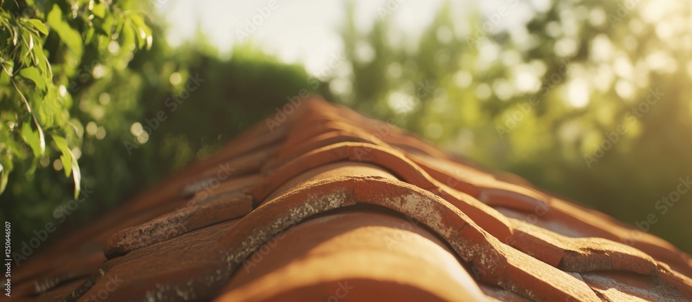 Poster terracotta roof tiles bathed in sunlight with lush greenery in the background creating a warm and in