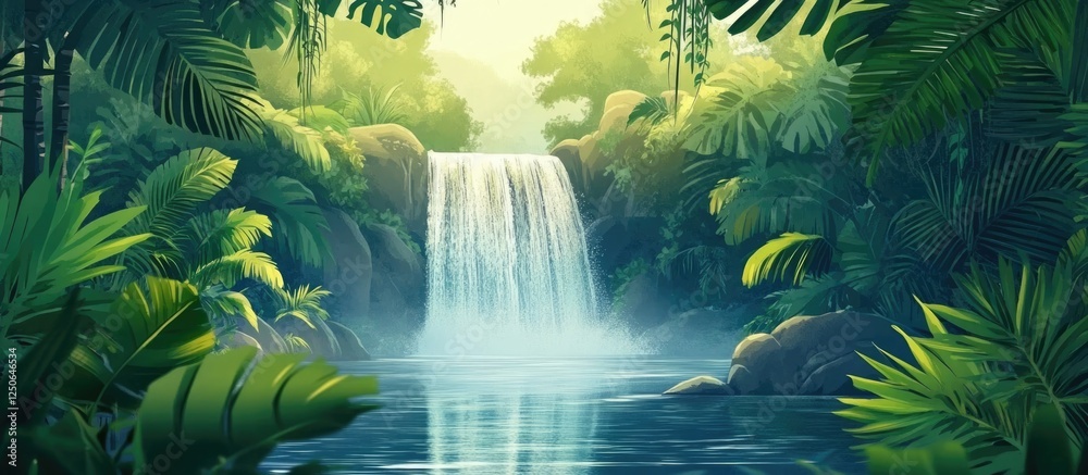 Poster serene rainforest landscape featuring a stunning waterfall with calm river and ample space for text 