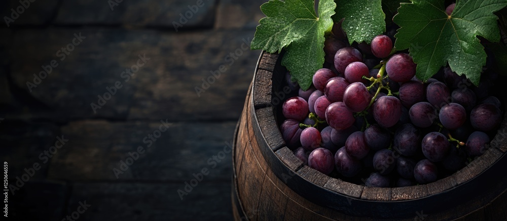 Poster Ripe grapes in a rustic wooden barrel highlighting rich colors and textures with a dark background and space for text or branding.