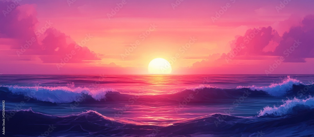 Poster Serene sunset over a tranquil beach with gentle waves capturing vibrant colors and soft reflections creating a peaceful atmosphere
