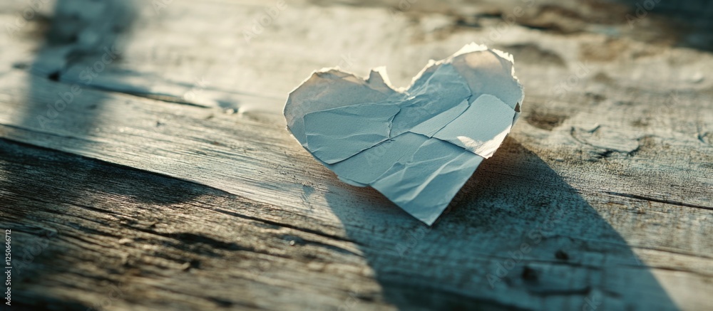 Poster heart-shaped scrap of paper resting on a wooden surface cast in soft natural light conveying emotion
