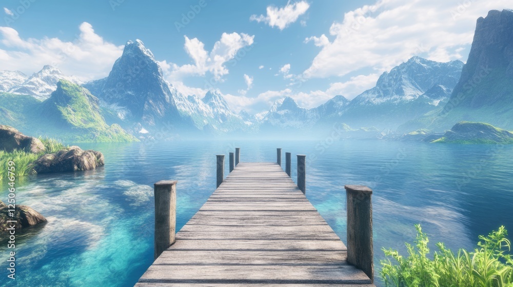 Poster Serene dock extending into tranquil ocean surrounded by majestic mountains under a clear blue sky and soft clouds.