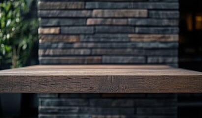 Wooden table top outdoors with brick wall background