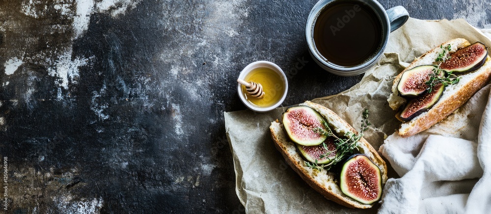 Poster breakfast sandwich with figs and thyme beside coffee and honey on a textured surface with a linen na