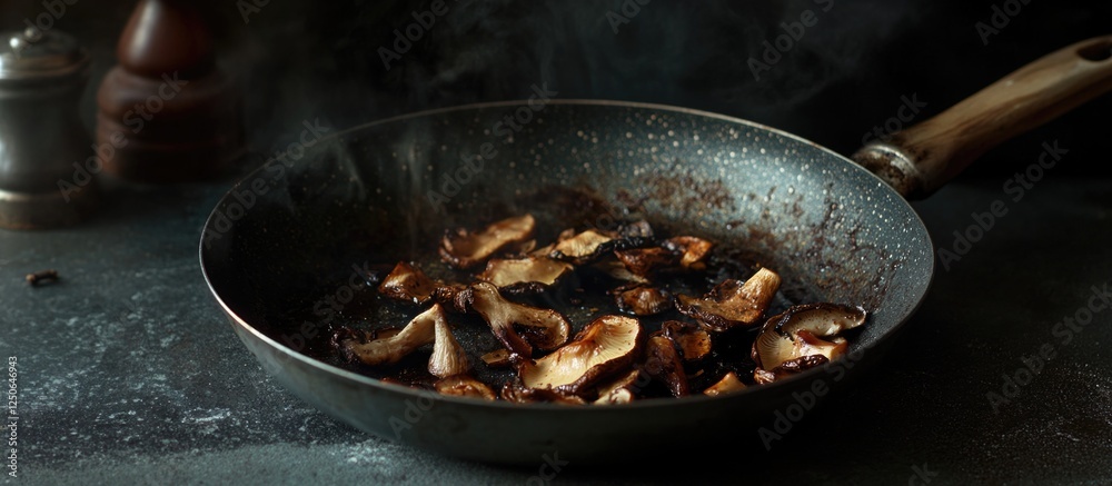 Poster Roasted oyster mushrooms in a frying pan with a dark background creating a rustic and appetizing culinary scene.