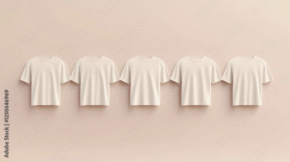 Poster Minimalistic display of plain white t-shirts arranged symmetrically on a soft neutral background for fashion or retail concepts.