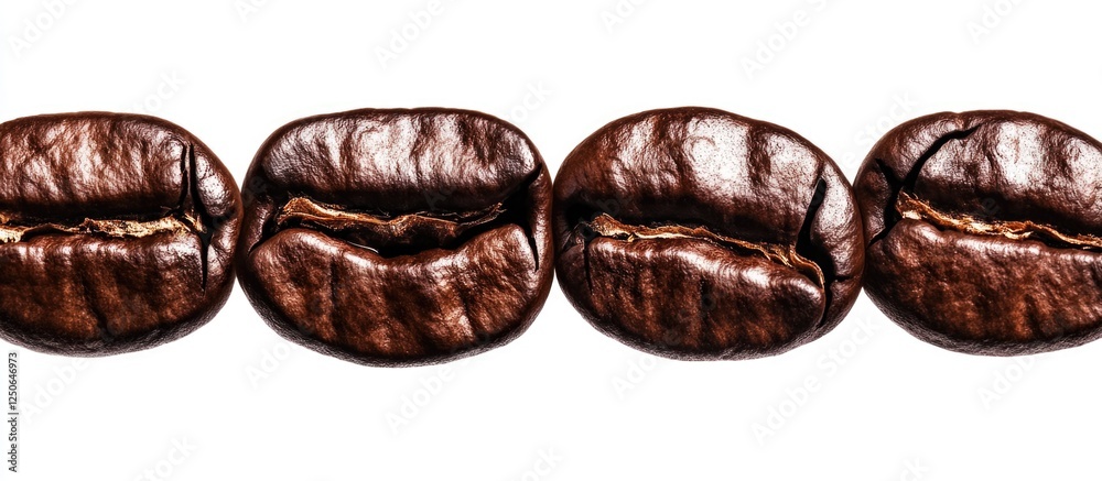 Poster close-up of roasted coffee beans isolated on white background showcasing texture and rich brown colo