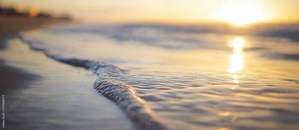 Poster Sunset reflection on water with gentle waves creating soft ripples along the sandy shore in a serene coastal landscape.