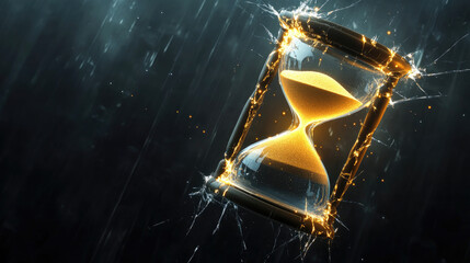 A cracked hourglass with suspended glowing sand, symbolizing the breakdown of the sleep-wake cycle.