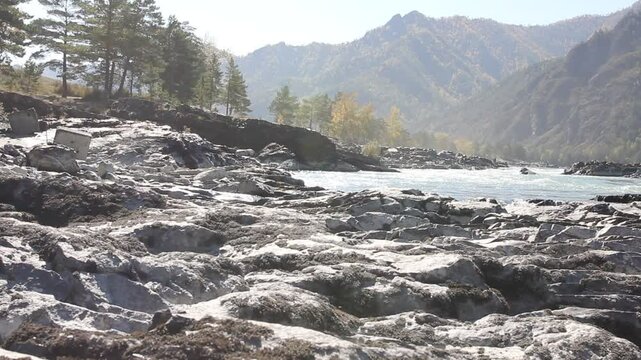 Autumn landscape in Chemal, Altai mountains and Katun river. 