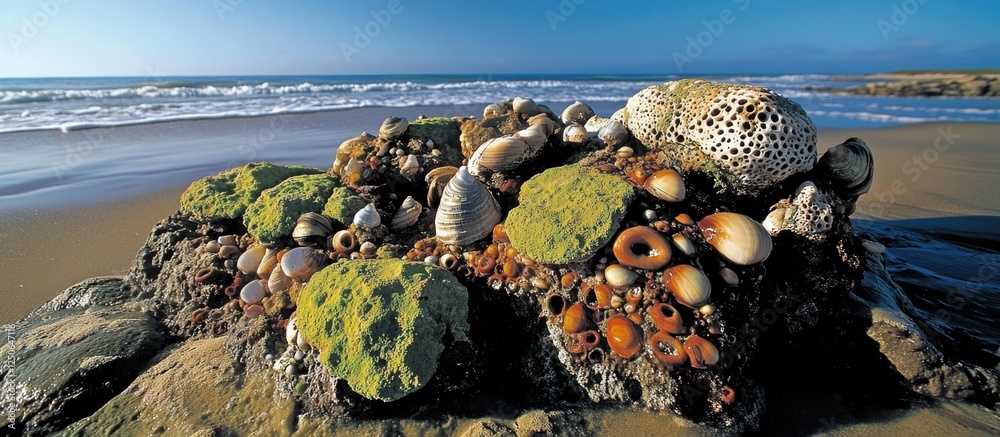 Poster Richly textured rocks on beach adorned with green lichen barnacles and various shells under bright daylight by the sea.