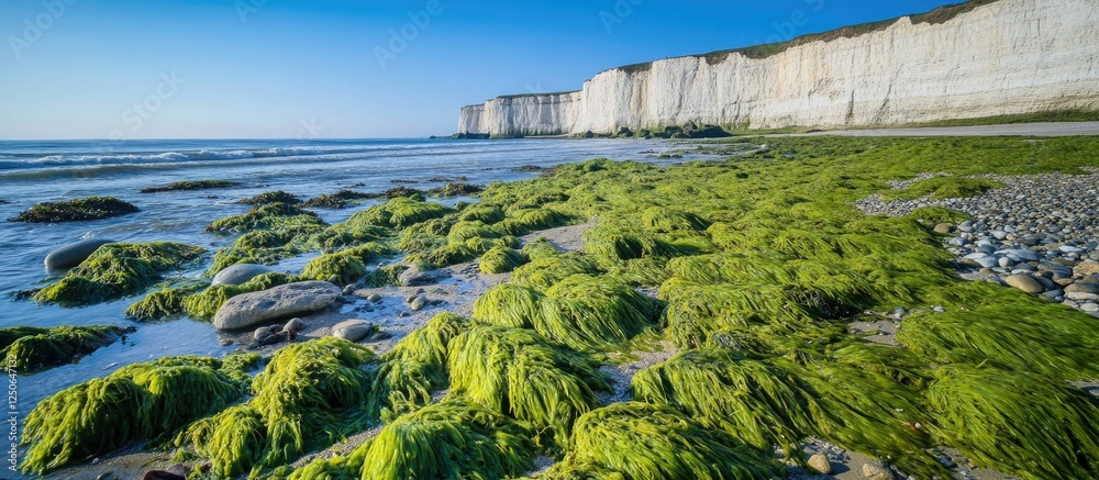 Poster coastal shoreline with vibrant seaweed at low tide against a backdrop of chalk cliffs under a clear 