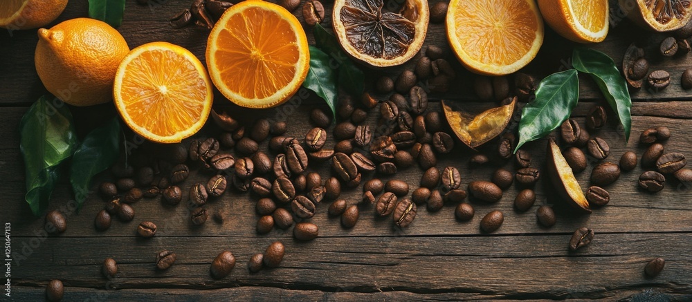 Aufkleber coffee beans and citrus fruits arranged on vintage wooden surface creating a rustic and appetizing c